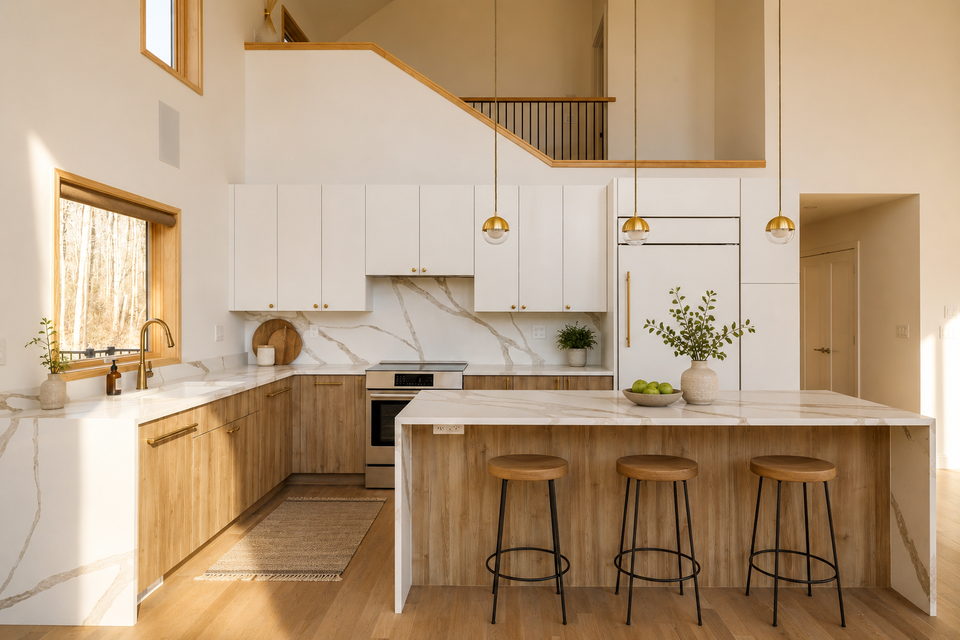 Kitchen with a ten-foot quartz island under linear pendants
