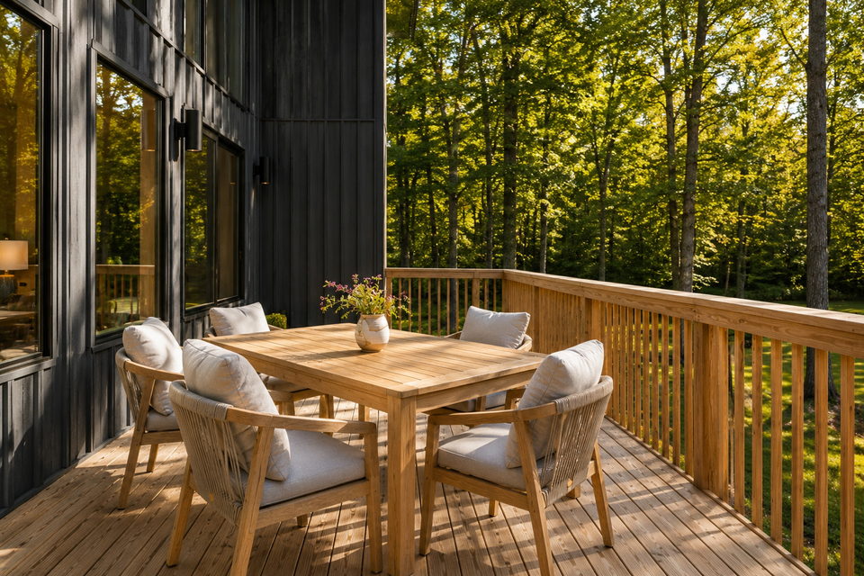 Deck set for dinner above the forest floor