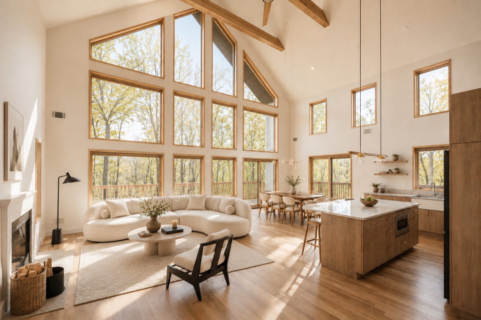 Double-height great room with floor-to-ceiling Low-E glass